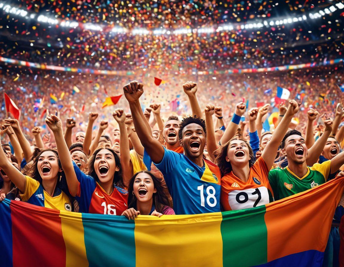 A vibrant scene depicting a diverse group of sports fans joyfully celebrating together in a stadium, waving flags and wearing colorful jerseys. The atmosphere is filled with excitement, confetti falling and faces glowing with happiness, showcasing unity amidst diversity. Bright stadium lights illuminate the passionate crowd, capturing the essence of joy and camaraderie in sports. super-realistic. vibrant colors. dynamic composition.