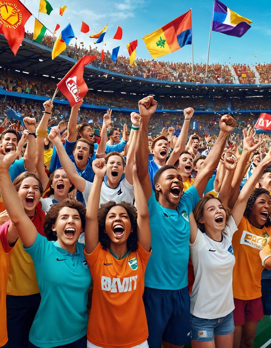 A dynamic and vibrant scene capturing a diverse group of sports enthusiasts passionately cheering in a stadium during a thrilling match, surrounded by colorful team banners and flags, showcasing their ecstatic expressions. In the background, depict a lively community gathering with food stalls and families enjoying the atmosphere, symbolizing unity and celebration in sports. super-realistic. vibrant colors. 3D.