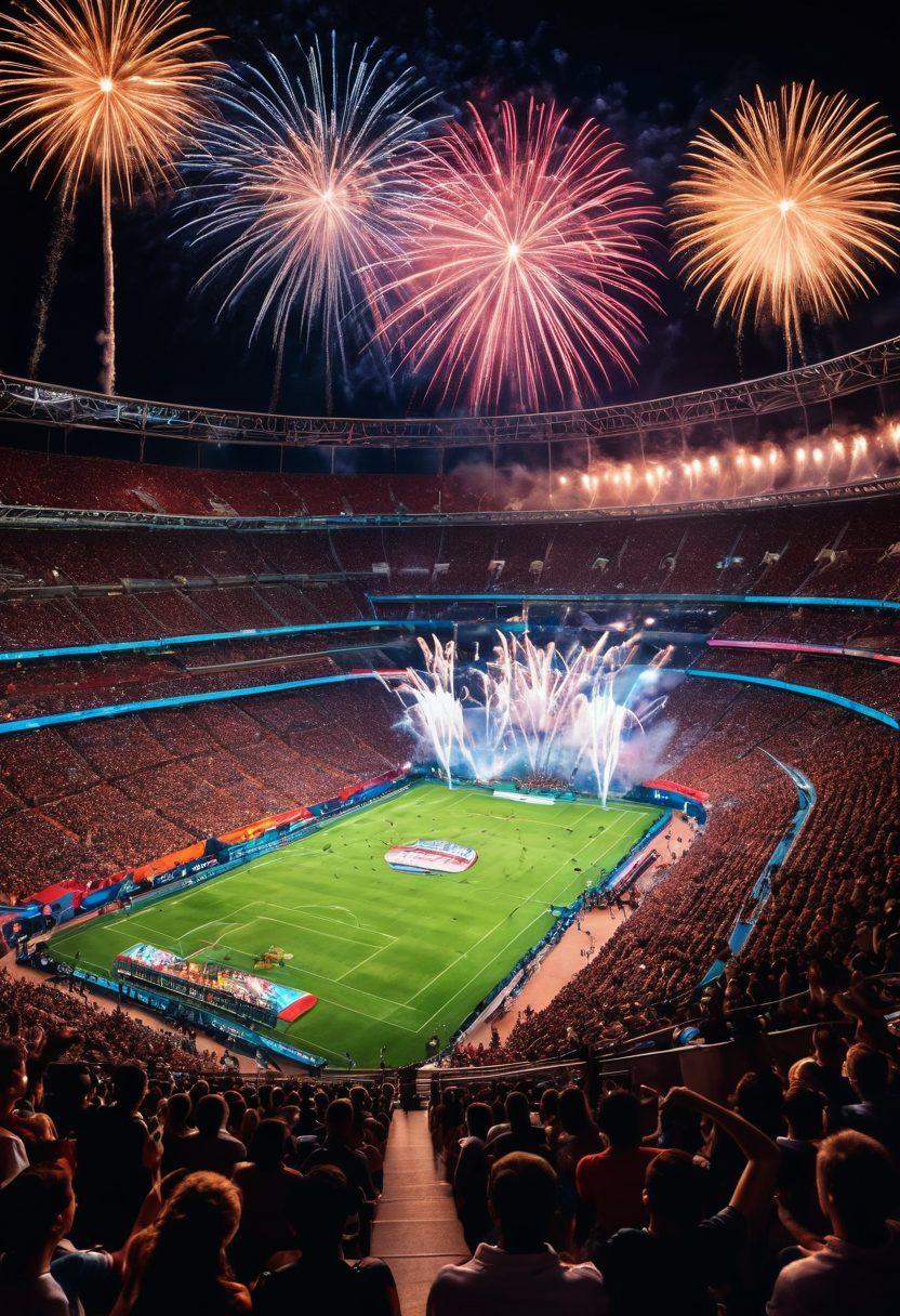 An action-packed scene showcasing athletes from different sports, passionately engaged in their games, with vibrant energy and enthusiasm radiating from each player. The background features an exhilarating stadium filled with cheering fans, illuminated by colorful lights and fireworks. Include elements of luxury and entertainment, like a VIP lounge area visible in the background with elegant décor. Capture the essence of joy, competition, and high-end experiences. vibrant colors. super-realistic. dynamic composition.